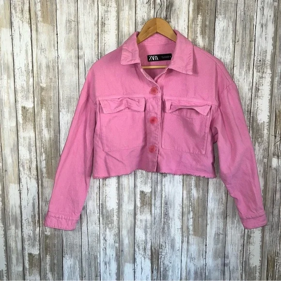 Zara Pink Cropped Denim Jacket Raw Hem Boxy Utility Jean Jacket Women’s S - Picture 2 of 8